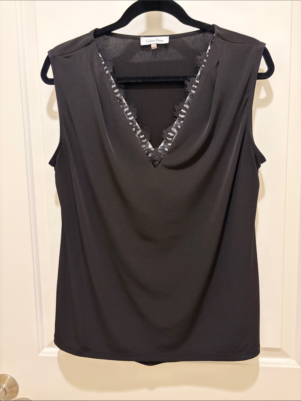 Calvin Klein Black Sleeveless V-Neck Top with lace trim